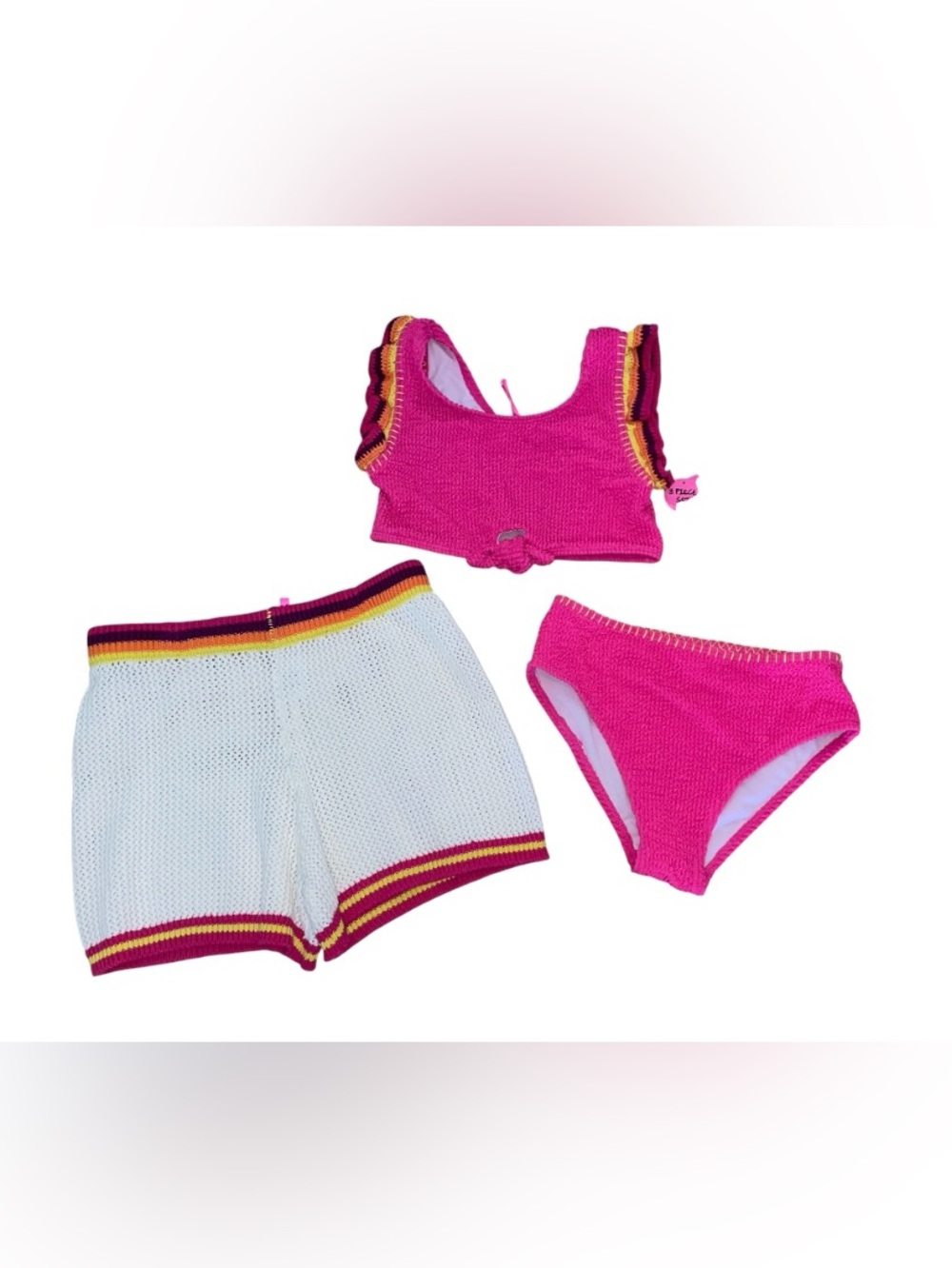 BETSEY JOHNSON Girls 3 Piece PINK GLO Crochet Bathing Suit and Cover Up Shorts